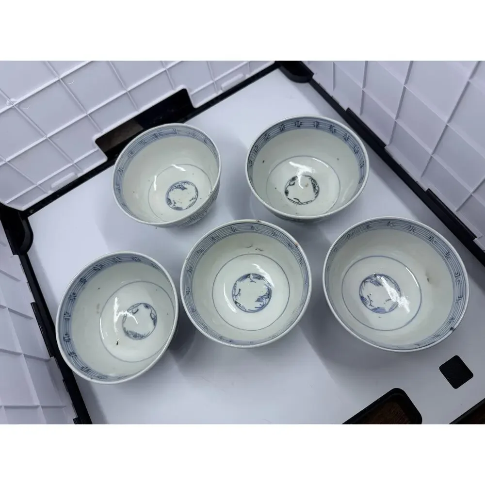 Antique Japanese Imari Blue & White Porcelain Tea Bowls, Set of 5, Meiji Era